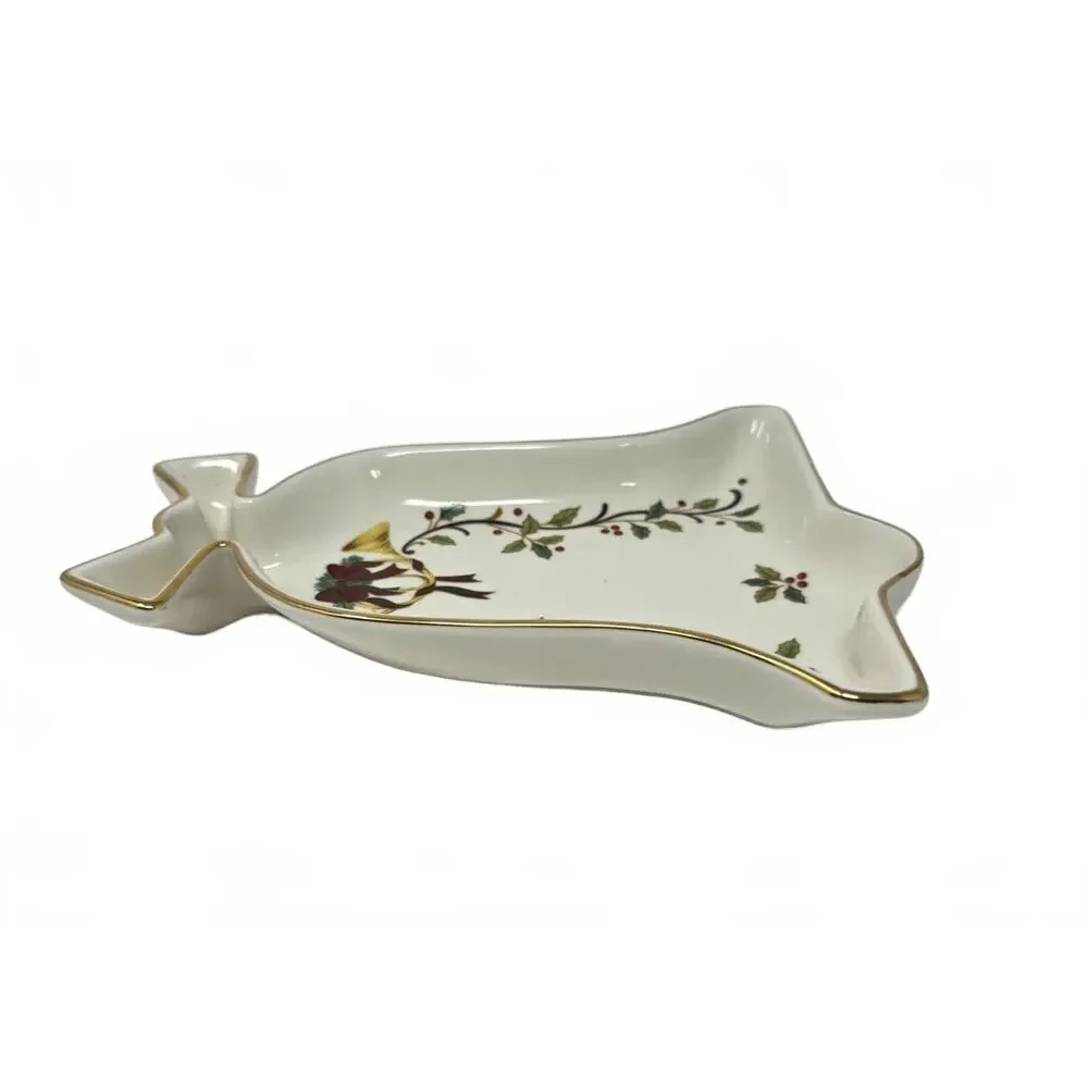 Mikasa Holiday Elegance Christmas Bell Dish Holly Gold Trim Serving Tray